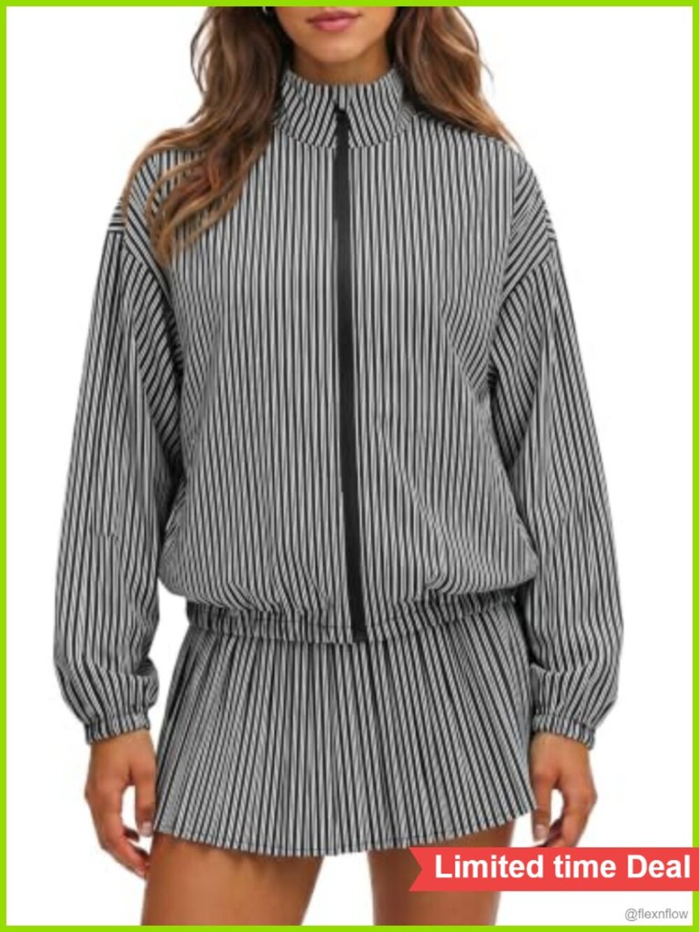 Fisoew Lightweight Polyester Blend Striped 2-Piece Tennis Skirt Set with Zip-Up